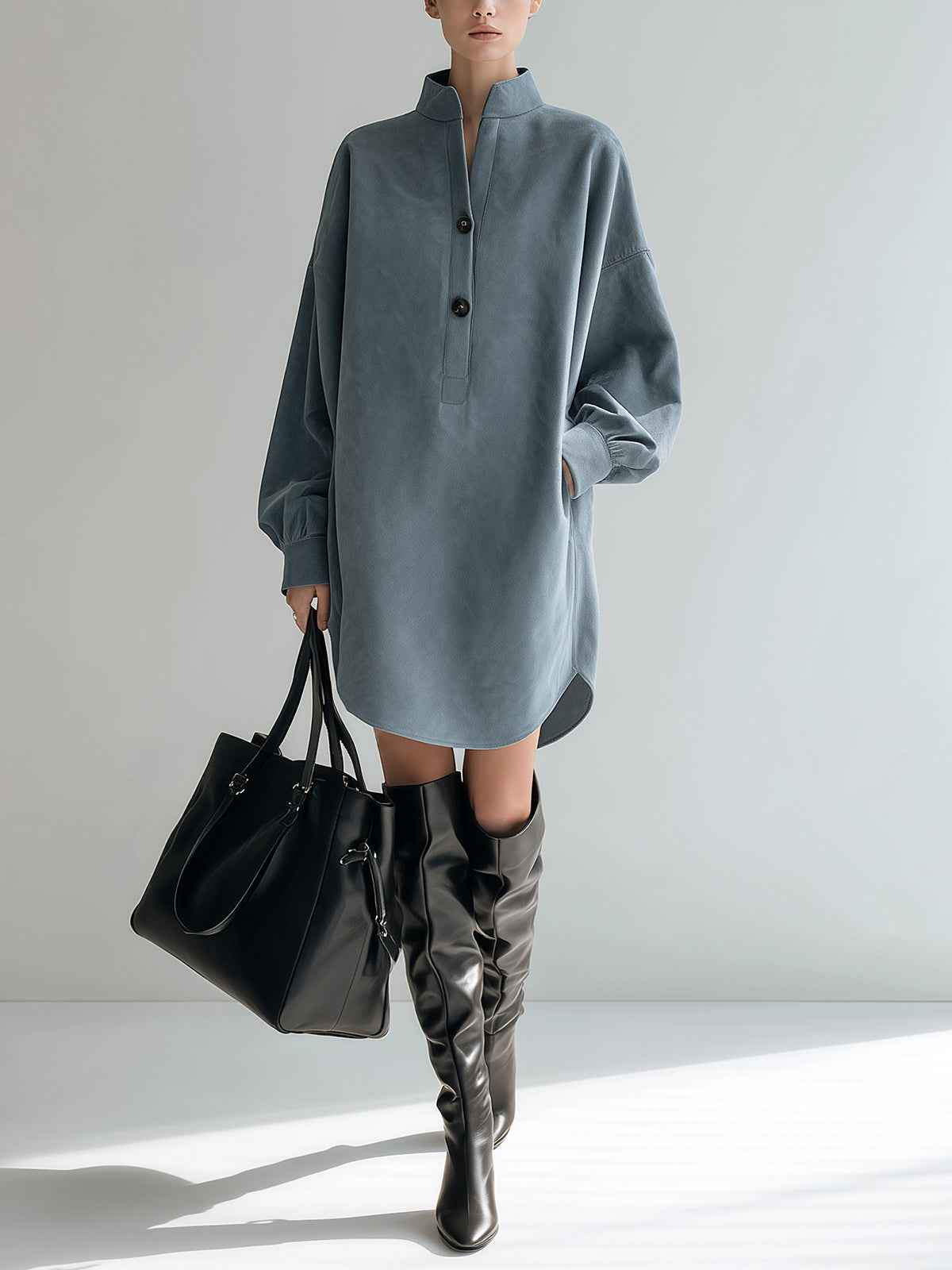 Taidalw Chic Vintage Gray Faux Suede Stand Collar Long Lantern Sleeve Oversized Mini Dress