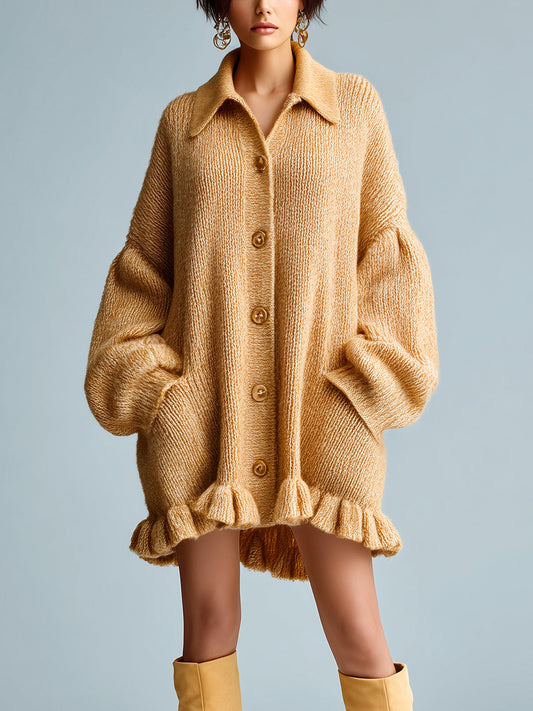 Taidalw Chic Casual Camel Lapel Single-Breasted Lantern Sleeve Ruffled Hem Slouchy Knit Cardigan