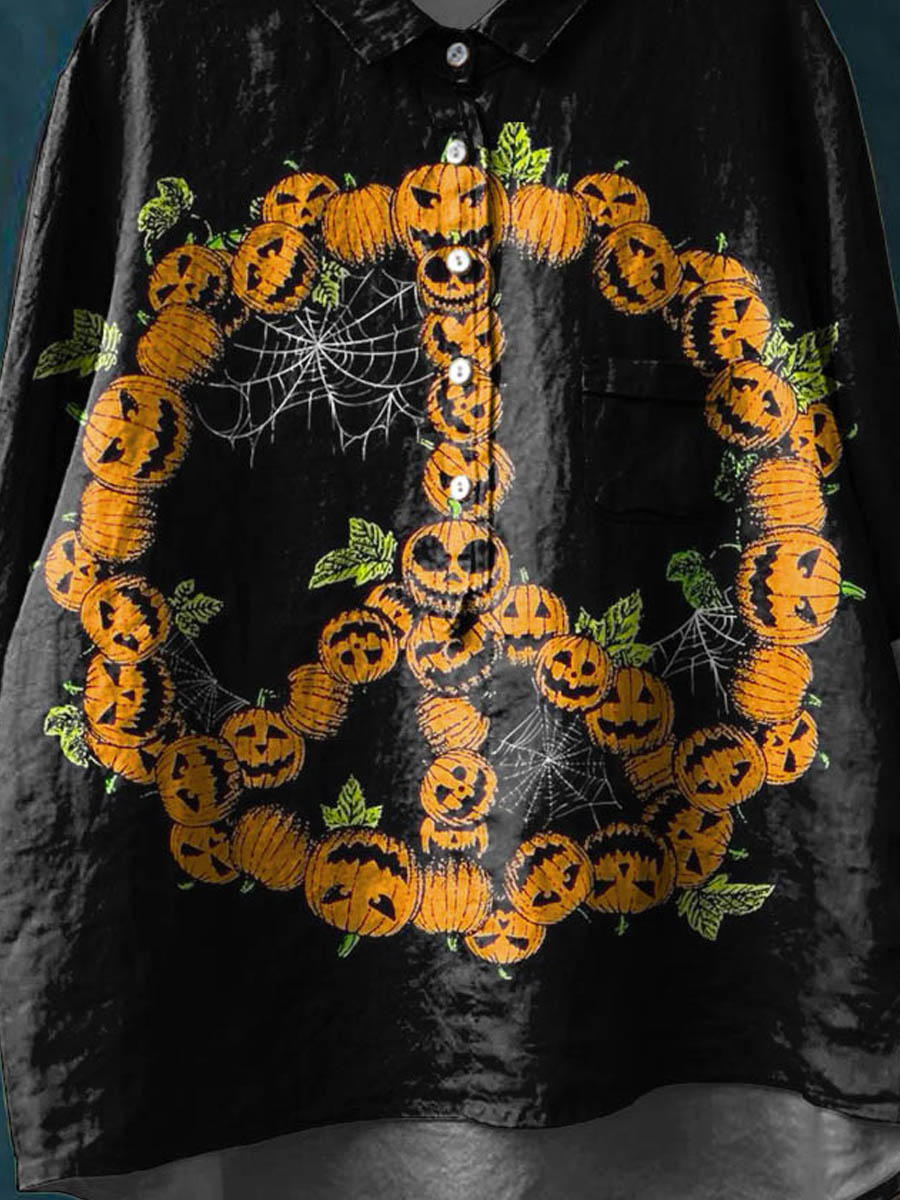 Vintage Lovely Pumpkin Peace And Love Halloween Art Print Casual Cotton And Linen Shirt