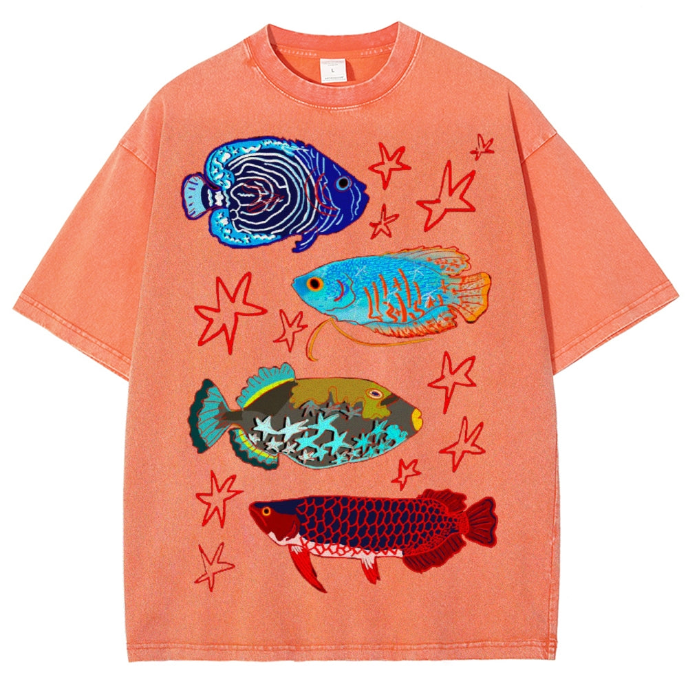 Unisex Colorful Cartoon Fish Washed Tee