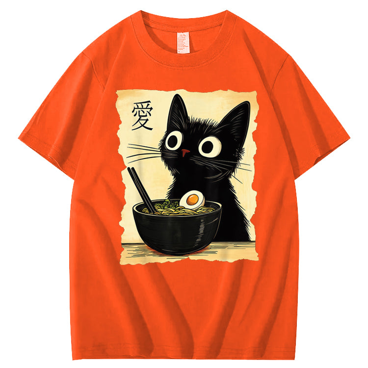 Funny Cat Ramen Graphic Tee Japanese Kawaii Anime Cat 100% Cotton T-Shirt