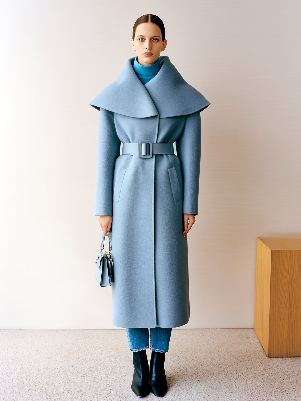 Taidalw Chic Vintage Light Blue Wool Blend Oversized Lapel Single Breasted Belted Long Coat