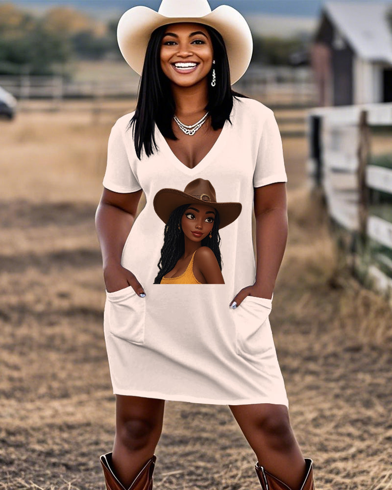 Cartoon Cute Cowgirl Casual V-neck Pocket Dress