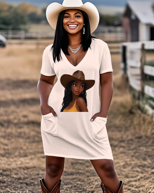 Cartoon Cute Cowgirl Casual V-neck Pocket Dress