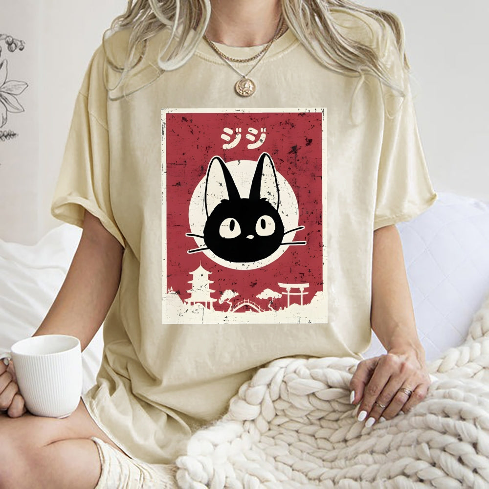 Unisex Cat Printed Washed Tee