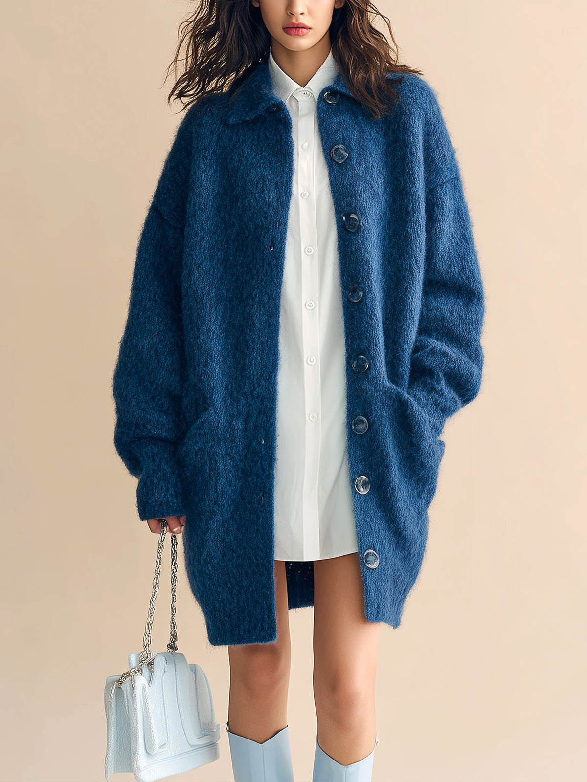 Taidalw Chic Vintage Dark Blue Lapel Single-Breasted Long Sleeve Oversized Knit Mid-Length Cardigan