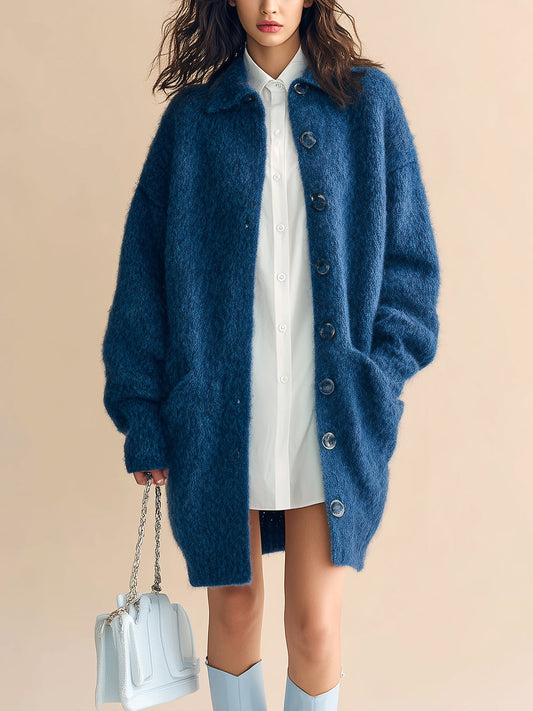 Taidalw Chic Vintage Dark Blue Lapel Single-Breasted Long Sleeve Oversized Knit Mid-Length Cardigan