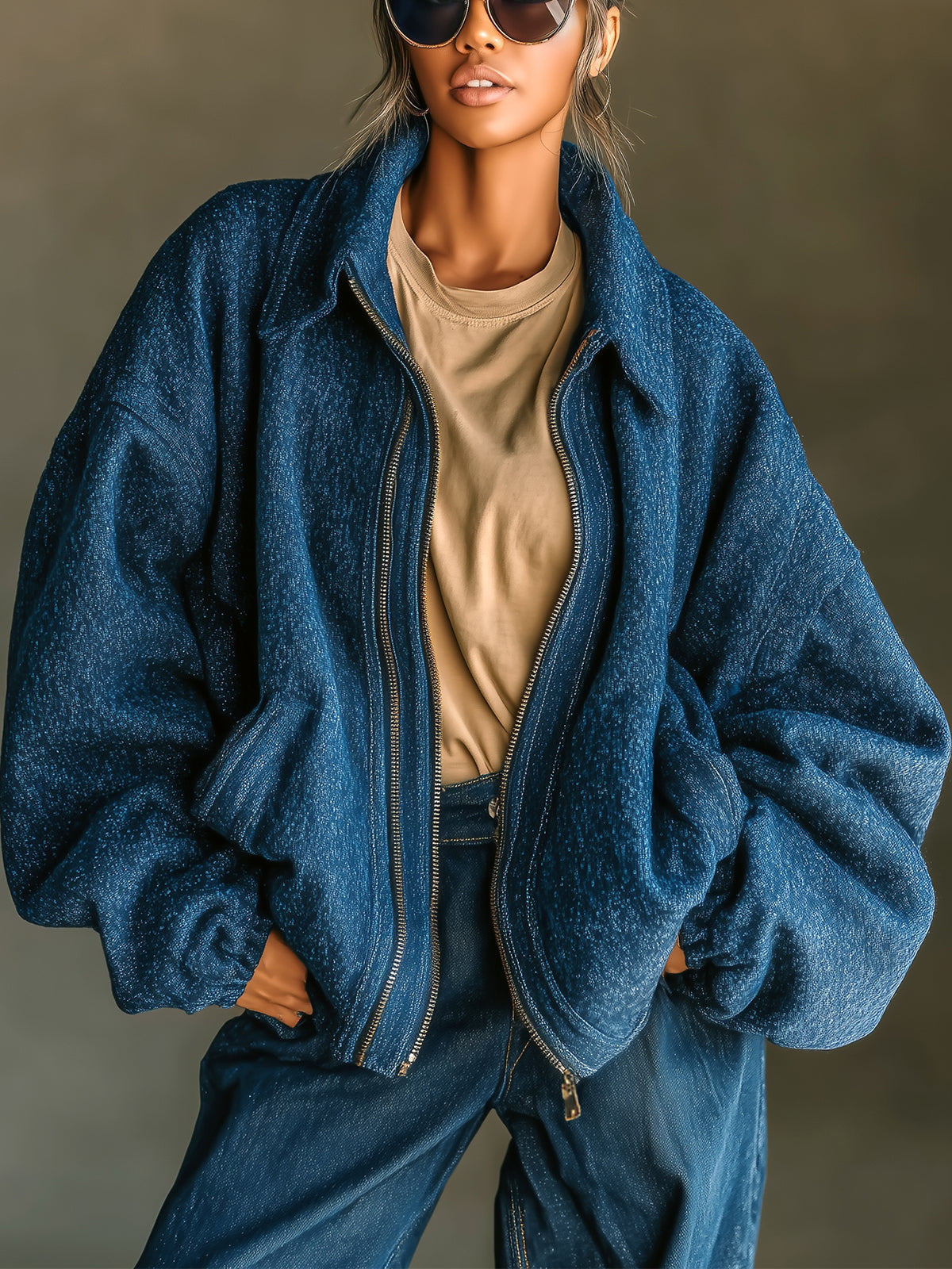 Taidalw Casual Chic Dark Blue Wool Blend Lapel Zip-Front Oversized Bomber Jacket