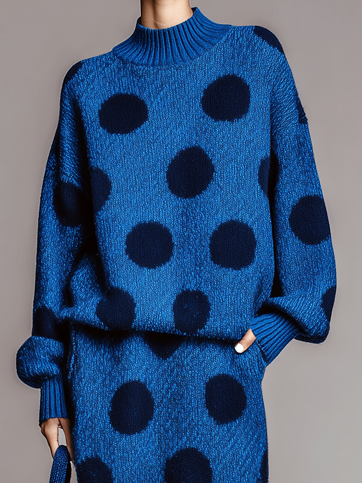 Taidalw Chic Contrast Polka Dot Mock Neck Long Sleeve Top Midi Skirt Knit Two-Piece Set