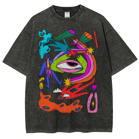 Unisex Abstract Art Eyes Printed Washed Tee