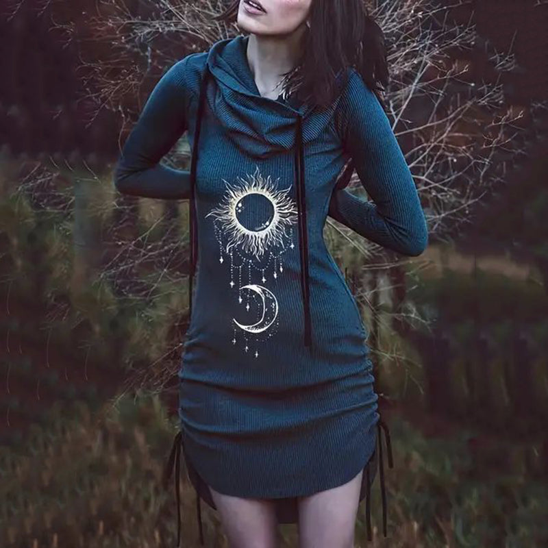 Retro Sun And Moon Print Stack Collar Dress