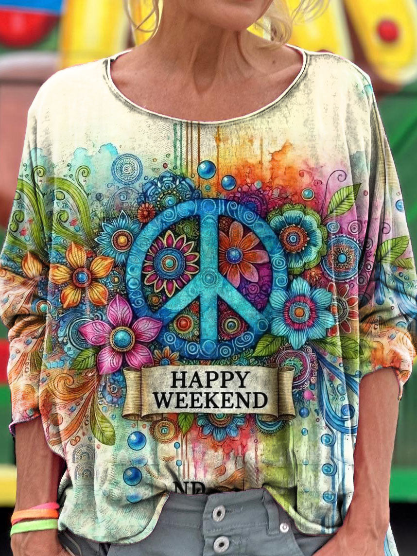 Floral Hippie Happy Weekend Art Print Casual Long Sleeve T-Shirt