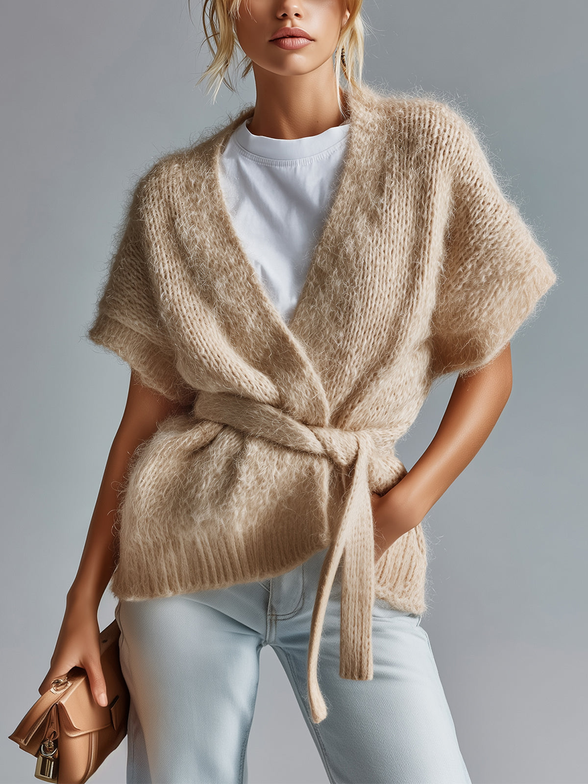 Taidalw Chic Vintage Light Khaki Wrap V-Neck Short Sleeve Tie Waist Fuzzy Mohair Knit Cardigan