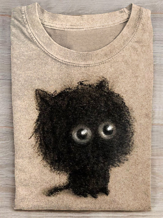 Cute Black Cat Art Print Casaul T-shirt