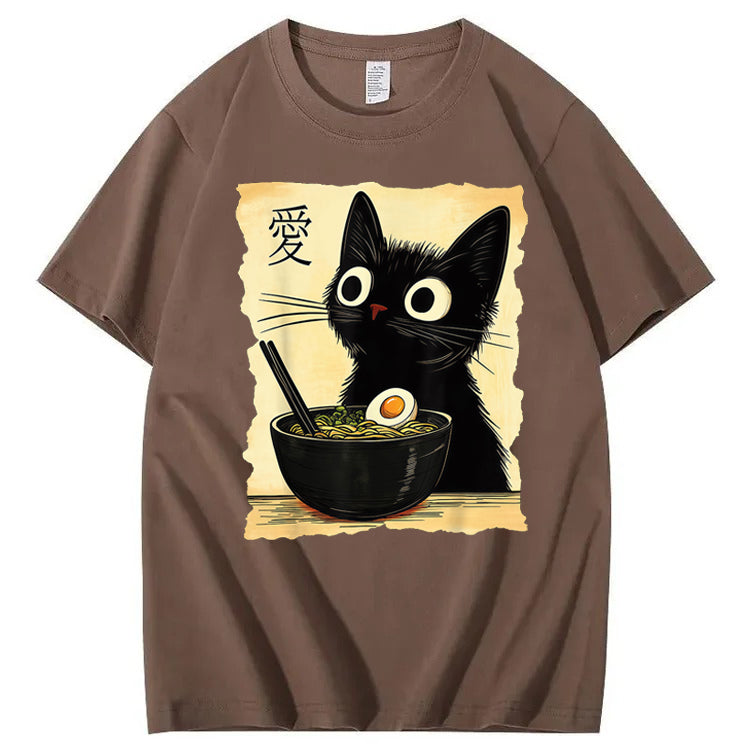 Funny Cat Ramen Graphic Tee Japanese Kawaii Anime Cat 100% Cotton T-Shirt