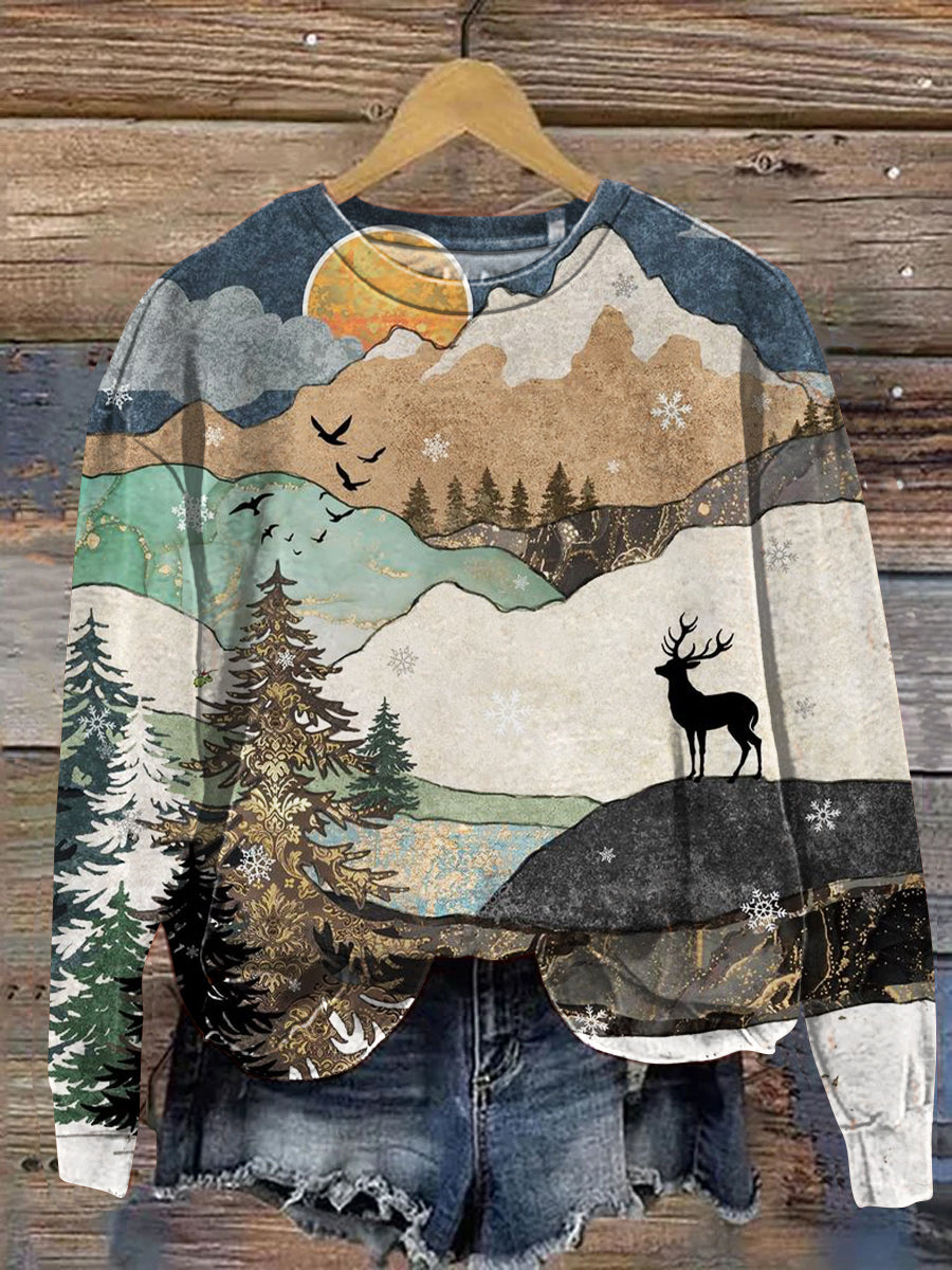 Vintage Christmas Deer Art Print Casual Sweatshirt