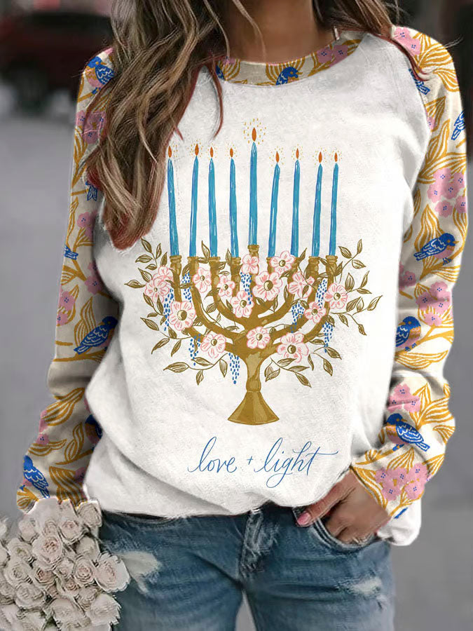 Women's Love Light Hanukkah Art Print Casual Long Sleeve Sweatshirt