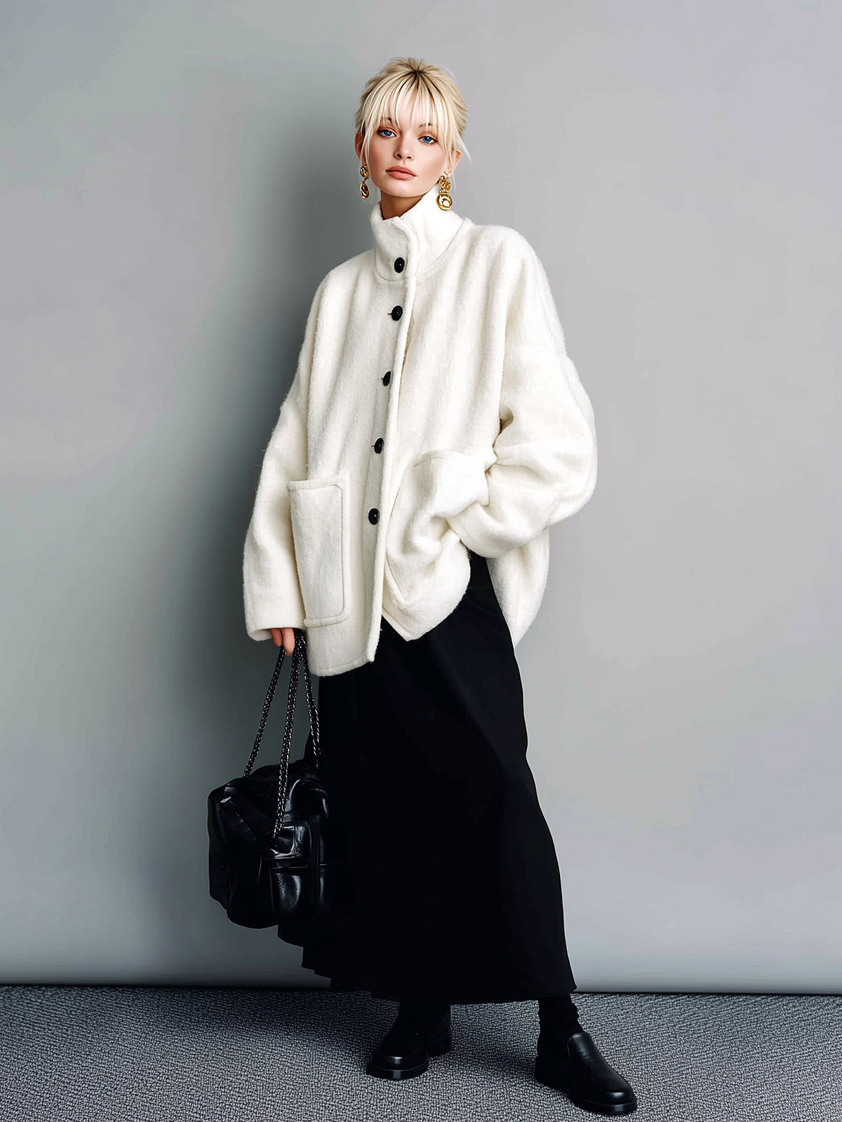 Taidalw Chic Vintage Cream White Wool Blend Stand Collar Single-Breasted Patch Pocket Slouchy Short Jacket