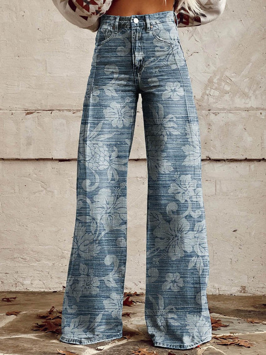 Women's Blue Flower Print Casual Wide Leg Pants