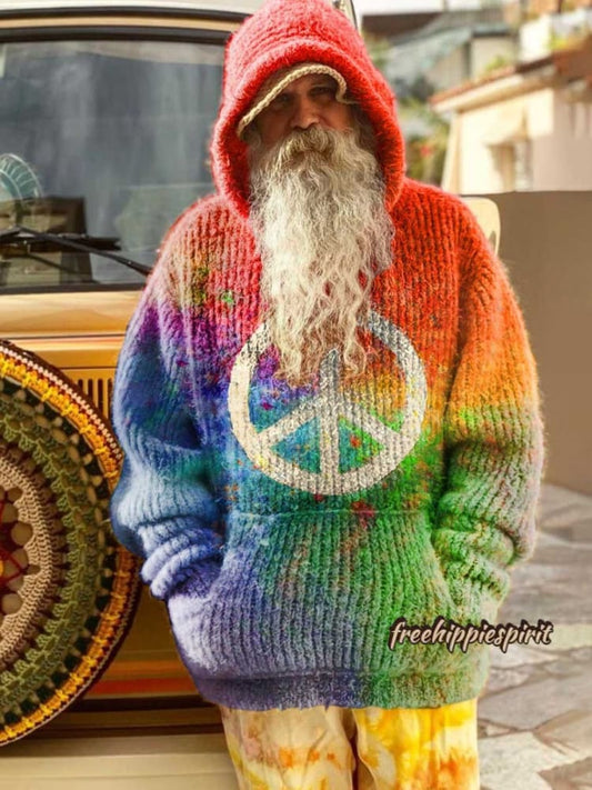 Retro Hippie Peace Sign Love and Peace Rainbow Print Knit Pullover Hooded Sweater