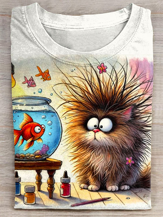 Cat And Fish Art Print Casaul Short Sleeve T-shirt