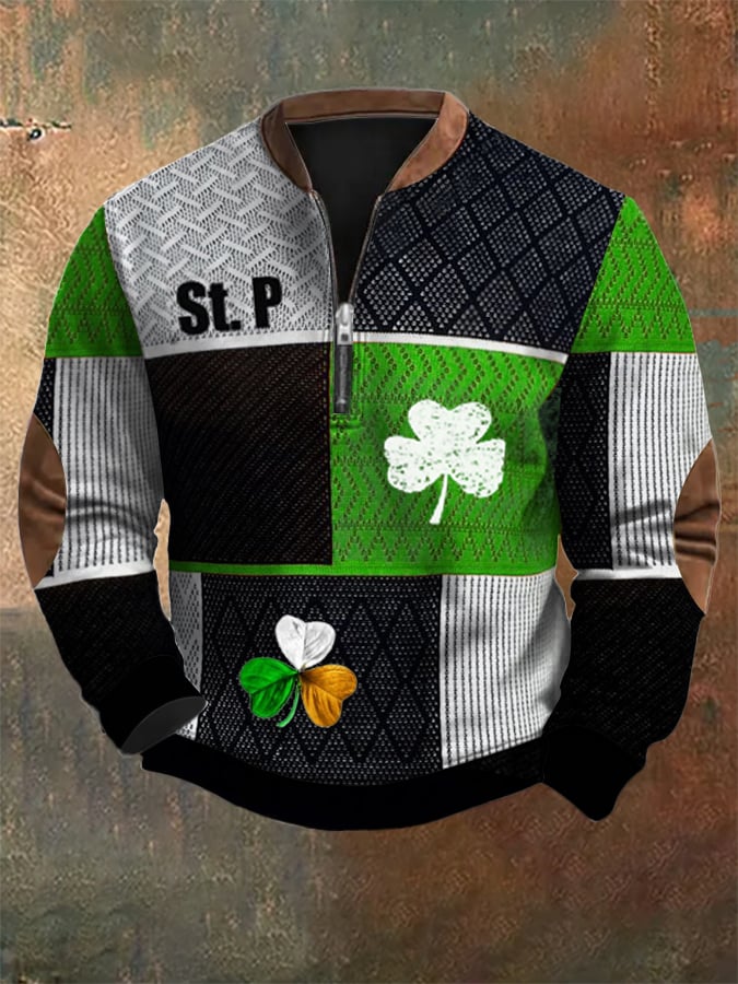 Men's St. Patrick's Day Textured Print Zip Collar Sweatshirt