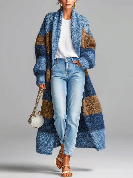 Taidalw Chic Blue-Brown Striped Shawl Lapel Maxi-Length Slouchy Textured Knit Cardigan