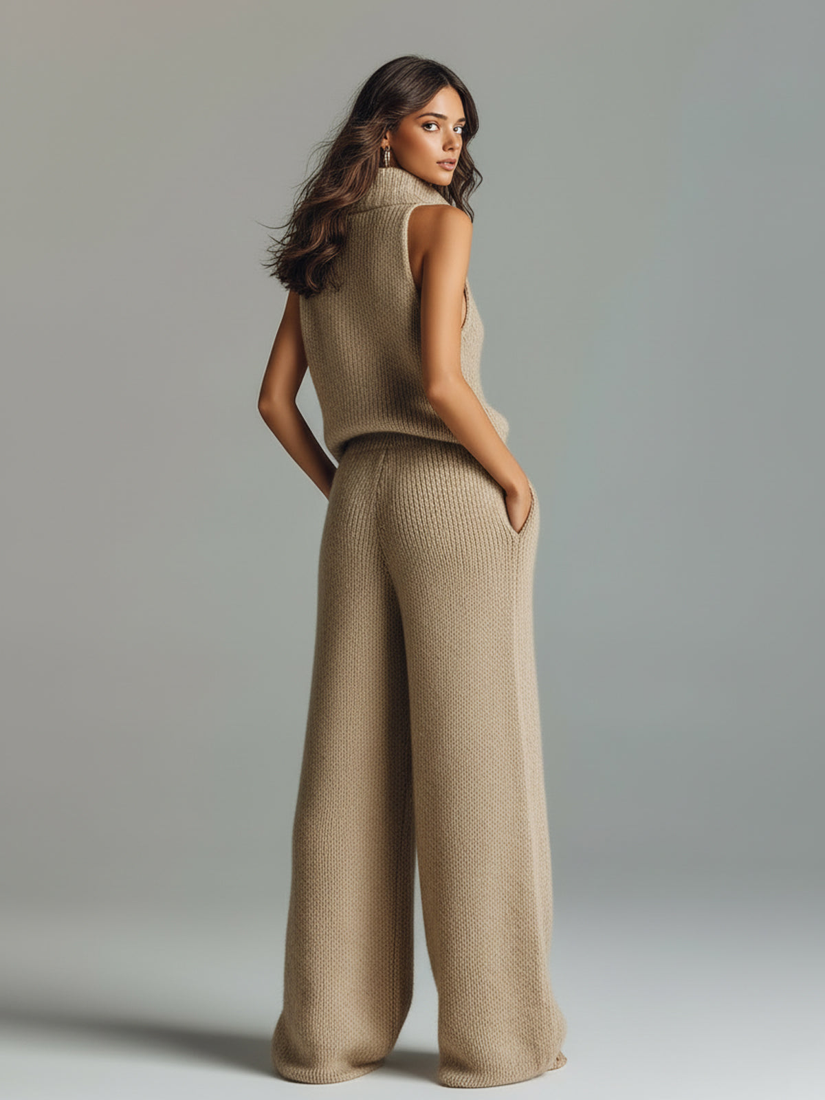 Taidalw Chic Elegant Camel Stand Collar V-Neck Sleeveless Sweater  Wide-Leg Pants Ribbed Knit Two-Piece Set