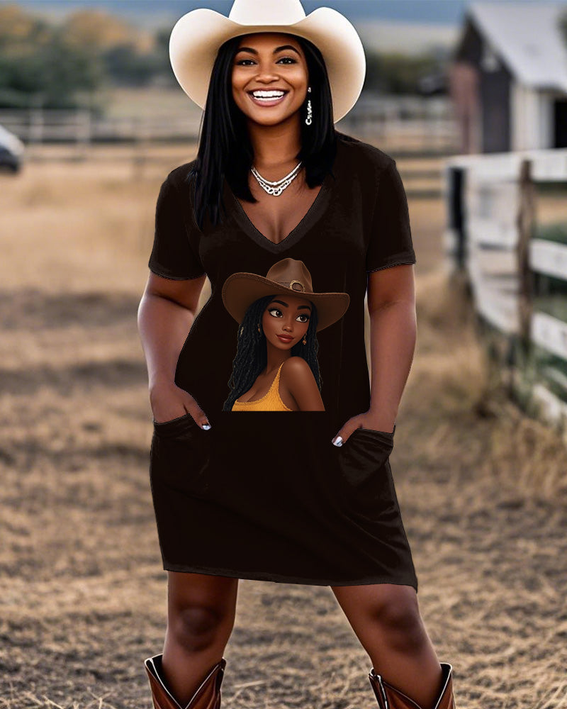 Cartoon Cute Cowgirl Casual V-neck Pocket Dress