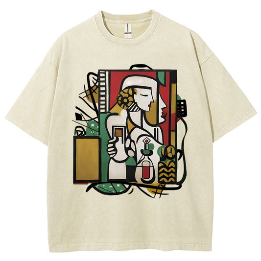 Unisex Geometric Art Portrait Printed Washed Tee