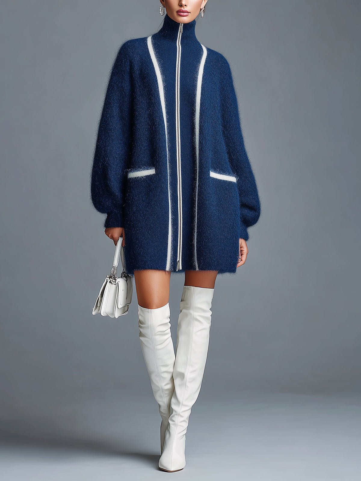 Taidalw Chic Vintage Navy Blue Stand Collar Zipper-Front Lantern Sleeve Contrast Trim Details Oversized Cardigan