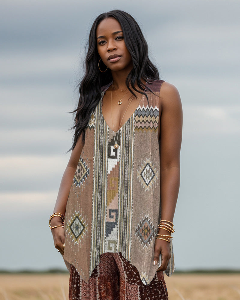 Ethnic Print V-neck Irregular Long Vest