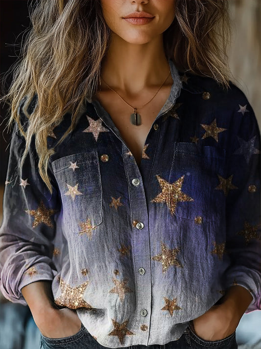 Women's Gradient Star Pattern Art Print Casual Long Sleeve Comfortable Cotton Shirt