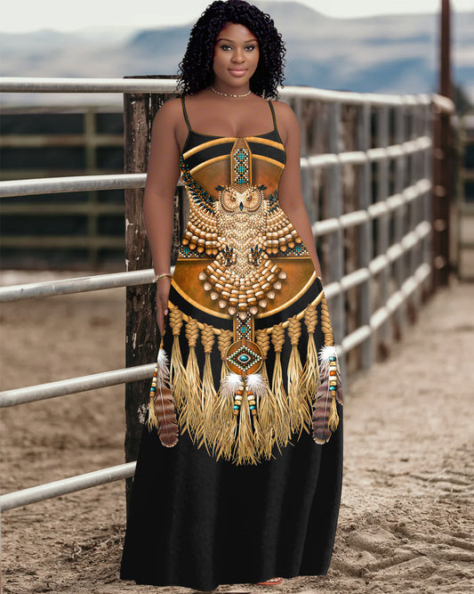 Sling Western Style Totem Flying Eagle Pocket Maxi Dress