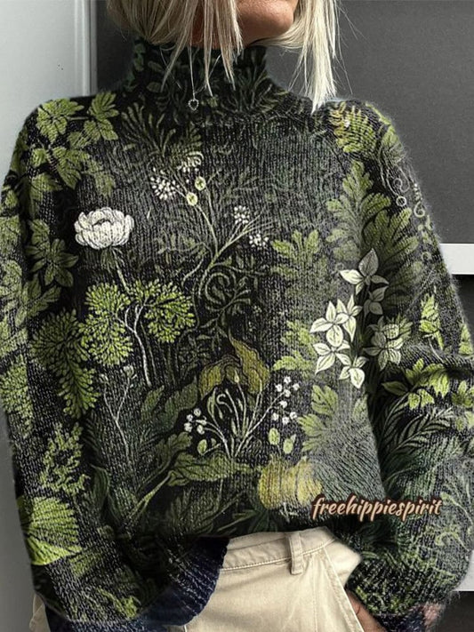 Vintage Floral Botanical Art Print Knitted Turtleneck Pullover Sweater