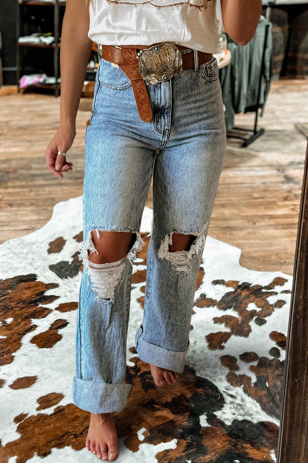 Washed ripped wide-leg jeans