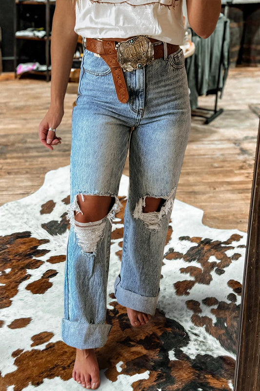 Washed ripped wide-leg jeans