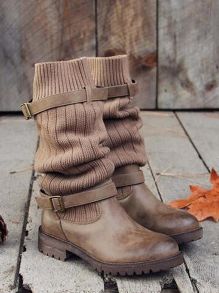 Casual Lace-Up Knitted Panel Boots