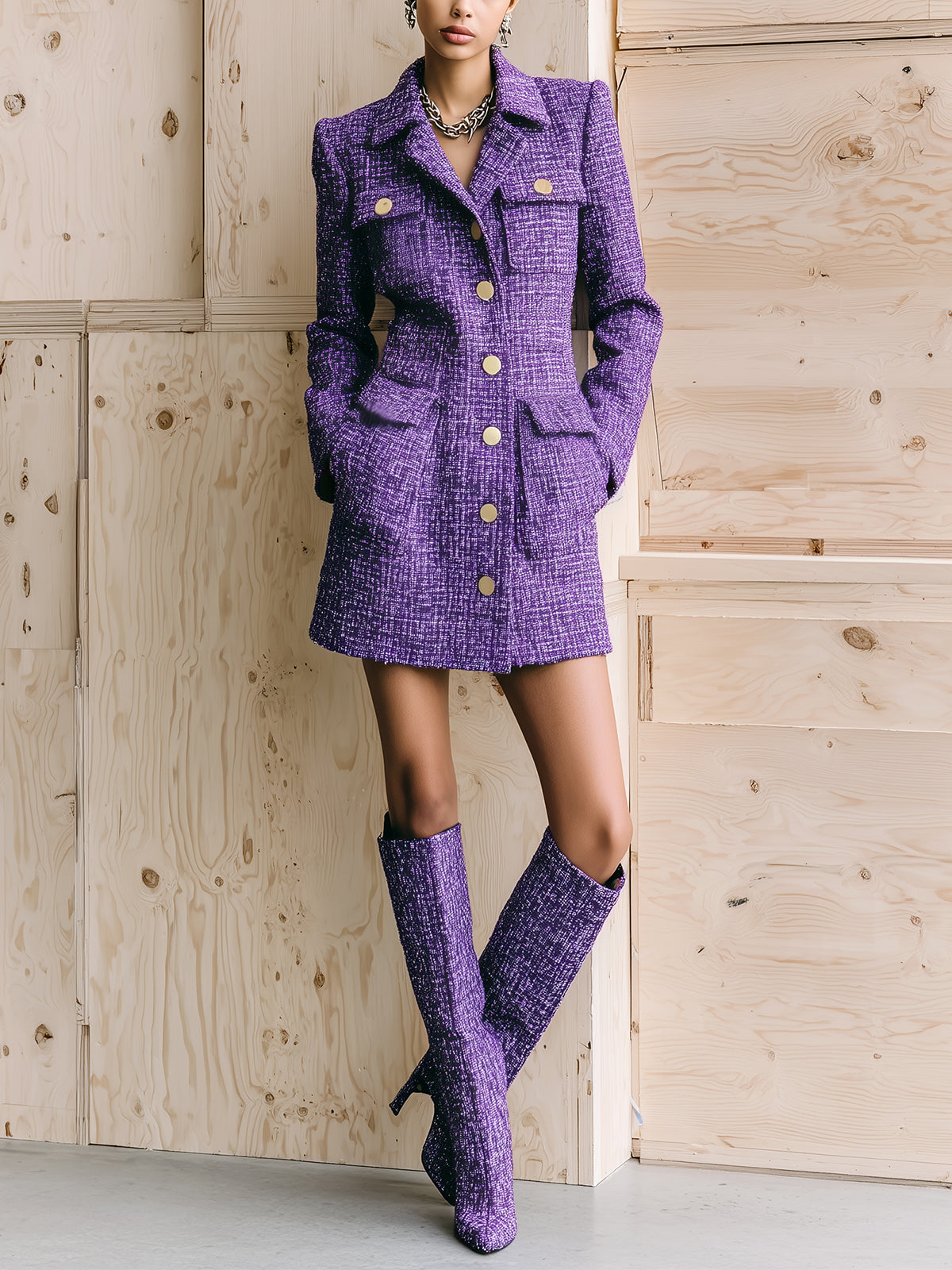 Taidalw Chic Vintage Purple Tweed Lapel Single-Breasted Multi-Pocket Slim Fit Mid-Length Coat