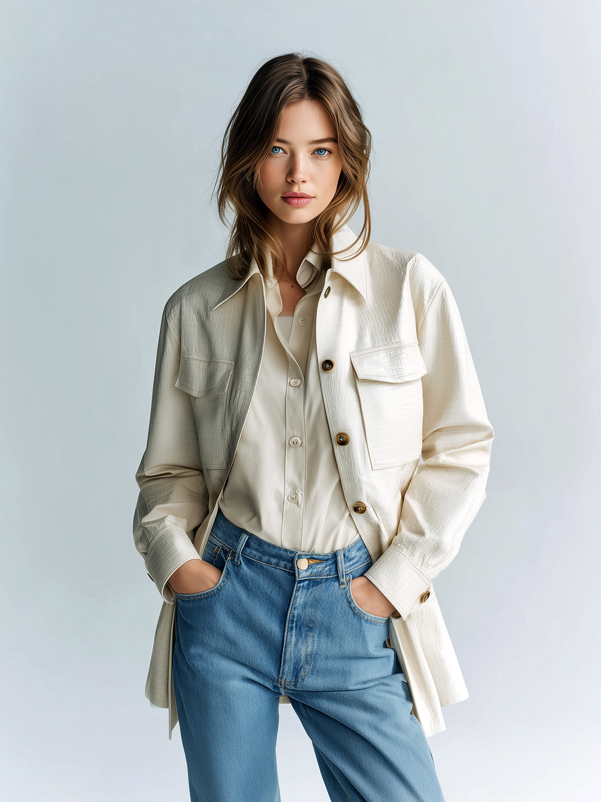 Taidalw Chic Vintage Cream White Faux Crocodile Leather Lapel Single-Breasted Multi-Pocket Utility Jacket