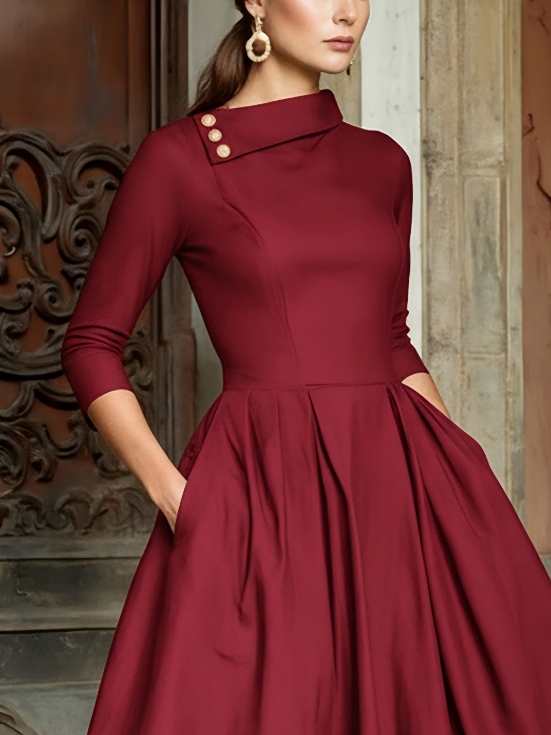 Midi Cotton Dress, Half Sleeve, Shawl Collar, Plain, Pocket Design, Vintage, Black