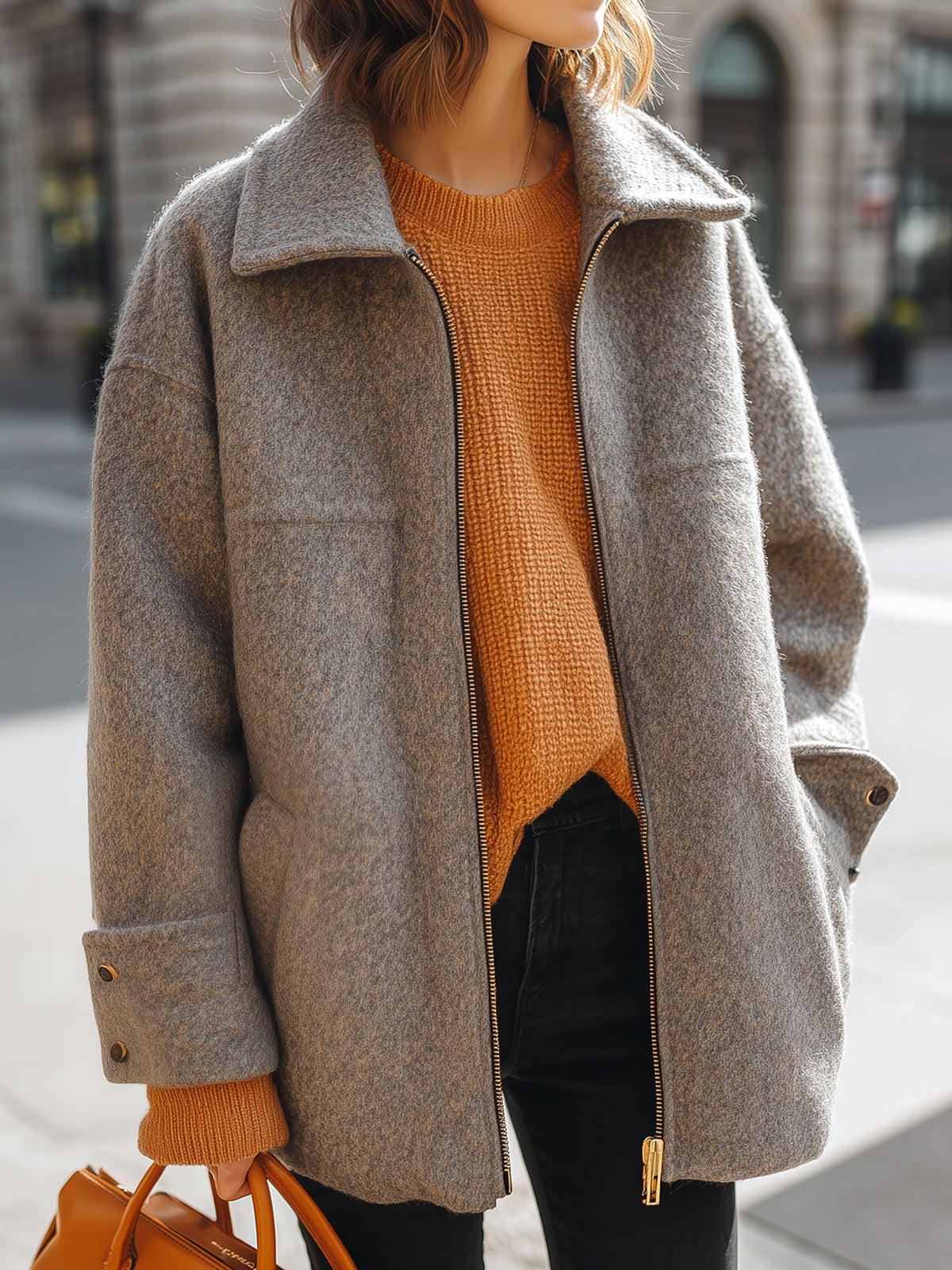 Taidalw Casual Chic Gray Wool Blend Lapel Zip-Front Oversized Warm Coat