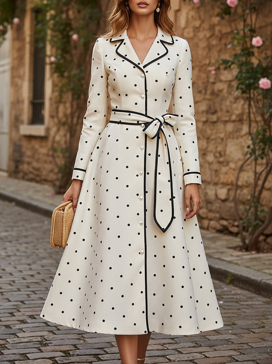 Midi Linen Dress, Long Sleeves, Lapel Collar, Polka Dots, Button Design, Vintage, Ivory