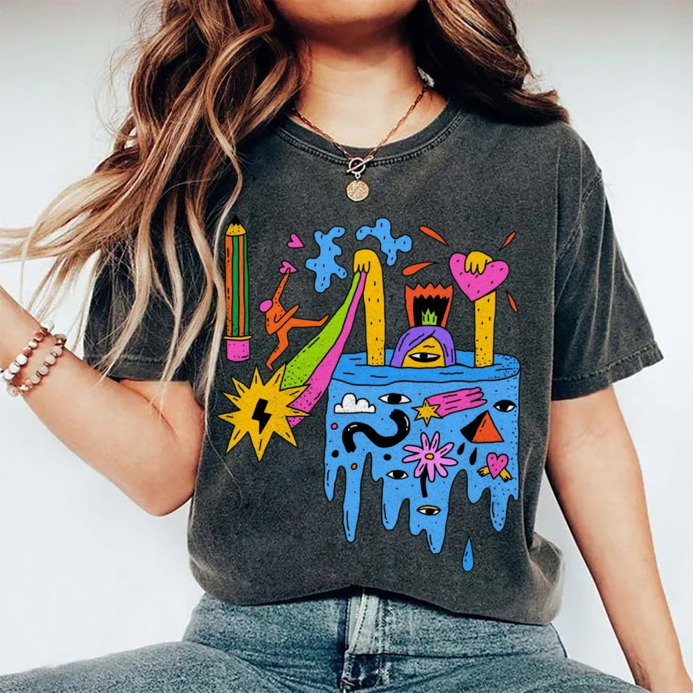 Unisex Abstract Art Eyes Printed Washed Tee