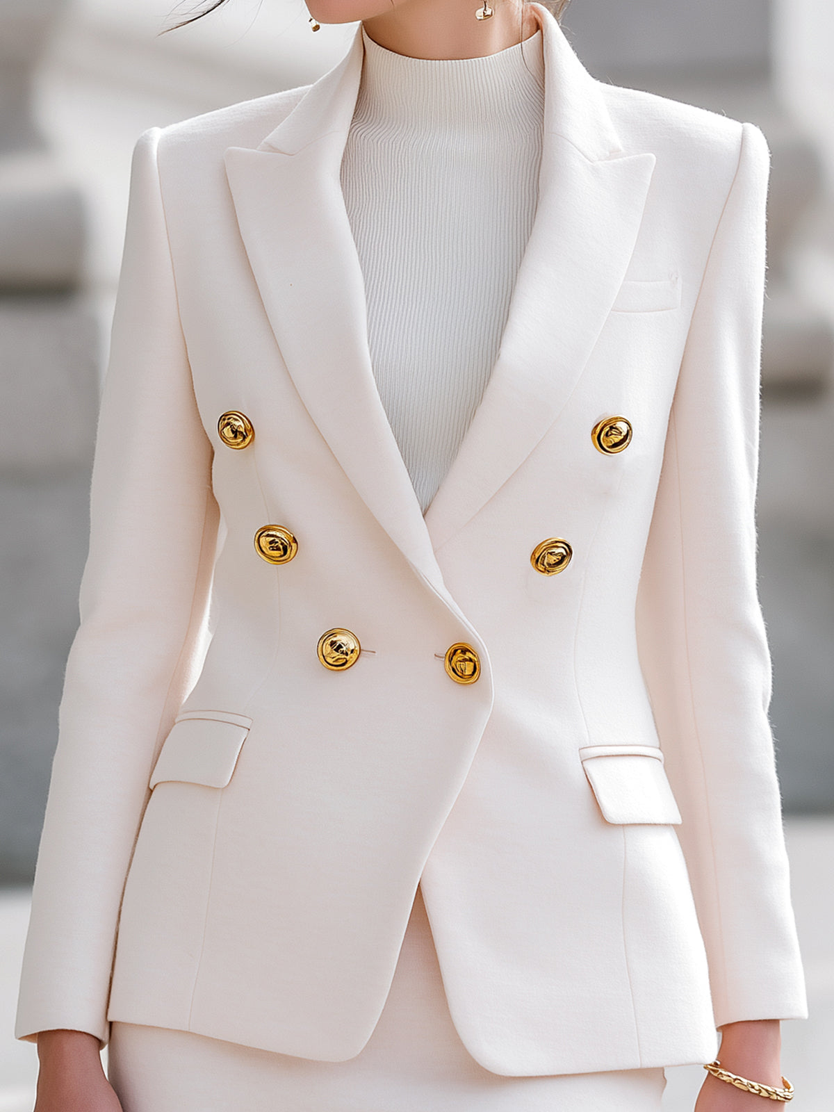 Taidalw Chic Elegant Cream Wool Blend Peak Lapel Double-breasted Slim-fit Blazer