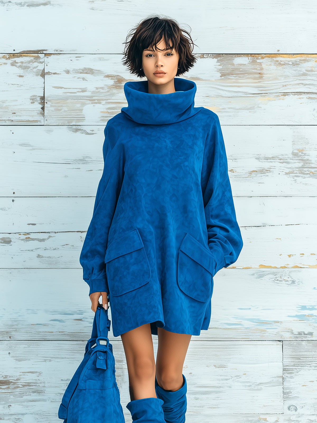 Taidalw Chic Elegant Royal Blue Faux Suede Oversized Turtleneck Long Lantern Sleeve Patch Pocket Mini Dress