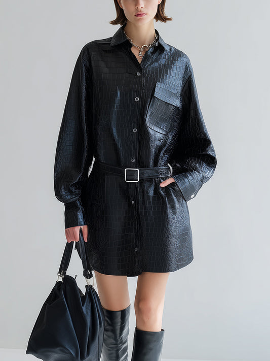 Taidalw Chic Vintage Black Crocodile PU Lapel Single-Breasted Long Sleeve Belted Oversized Mini Shirt Dress