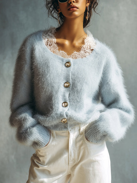 Taidalw Chic Vintage Light Blue Round Neck Contrast Lace Trim Long Sleeve Single-Breasted Loose-Fit Fuzzy Knit Cardigan