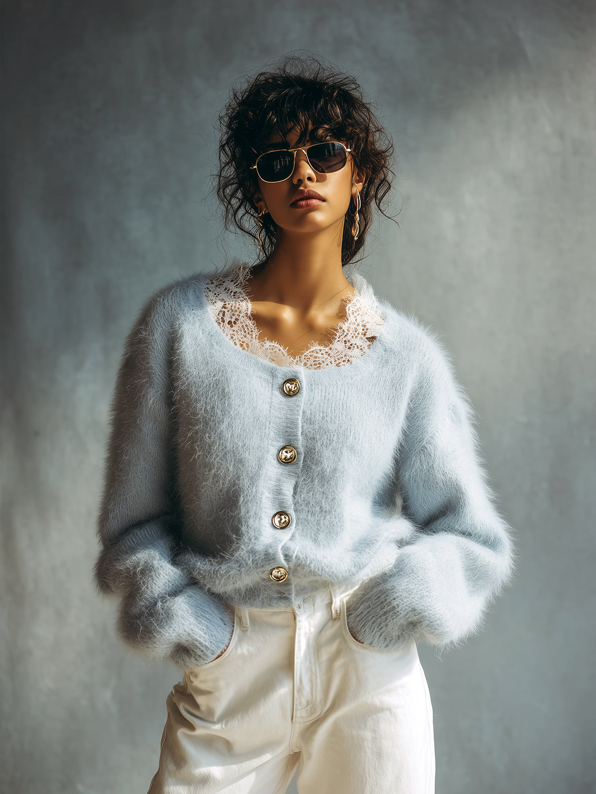 Taidalw Chic Vintage Light Blue Round Neck Contrast Lace Trim Long Sleeve Single-Breasted Loose-Fit Fuzzy Knit Cardigan