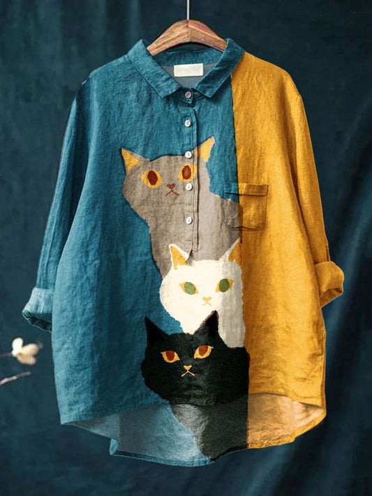 Women's Vintage Funny Cat Art Print Casual Cotton And Linen Shirt